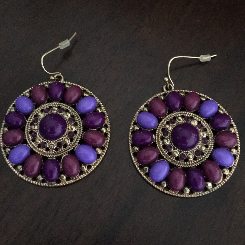 Gold & Amethyst Purple Round Medallion Earrings
